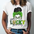 One Lucky Grammy Life Messy Bun St Patricks Day Irish Unisex Jersey Short Sleeve Crewneck Tshirt