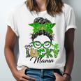 One Lucky Mama St Patricks Day Irish Shamrock Messy Bun Mom Unisex Jersey Short Sleeve Crewneck Tshirt