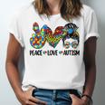 Peace Love Autism Mom Life Messy Bun Blue Autism Awareness Unisex Jersey Short Sleeve Crewneck Tshirt