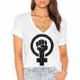 Feminist Raised Fist - Distressed Fitted Women's Jersey Short Sleeve Deep V-Neck Tshirt