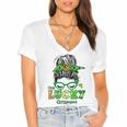 One Lucky Grammy Messy Bun Leopard St Patricks Day Women's Jersey Short Sleeve Deep V-Neck Tshirt