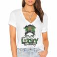 One Lucky Grammy St Patricks Day Messy Bun Leopard Women's Jersey Short Sleeve Deep V-Neck Tshirt