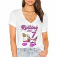 Rolling Into 7Th Birthday Unicorn Roller Skate Party Women's Jersey Short Sleeve Deep V-Neck Tshirt