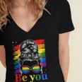 Be You Pride Lgbtq Gay Lgbt Ally Rainbow Flag Woman Face Women's Jersey Short Sleeve Deep V-Neck Tshirt