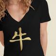 Chinese Zodiac Year Of The Ox Written In Kanji Character Women's Jersey Short Sleeve Deep V-Neck Tshirt