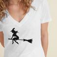 Halloween Young Scary Witch On Broom Pattern Women's Jersey Short Sleeve Deep V-Neck Tshirt