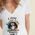 I Really Like Book Worm Penguin Ok Women's Jersey Short Sleeve Deep V-Neck Tshirt