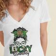 One Lucky Grammy St Patricks Day Messy Bun Leopard Women's Jersey Short Sleeve Deep V-Neck Tshirt