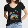 Auntie Of The Birthday Girl Rainbow Theme Matching Family Women's Jersey Short Sleeve Deep V-Neck Tshirt