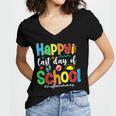 Funny Happy Last Day Of School Hello Summer Multicolored Women's Jersey Short Sleeve Deep V-Neck Tshirt