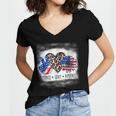 Peace Love America Bleached With Leopard Sunflower Us Flag V2 Women's Jersey Short Sleeve Deep V-Neck Tshirt
