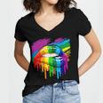 Rainbow Lips Lgbt Pride Month Rainbow Flag Women's Jersey Short Sleeve Deep V-Neck Tshirt