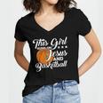 Womens This Girl Runs On Jesus And Basketball Christian Gift Women's Jersey Short Sleeve Deep V-Neck Tshirt