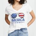 Merica Patriotic Usa Flag Sunglusses 4Th Of July Usa Women's Jersey Short Sleeve Deep V-Neck Tshirt