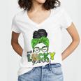 One Lucky Grammy Life Messy Bun St Patricks Day Irish Women's Jersey Short Sleeve Deep V-Neck Tshirt