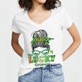 One Lucky Grammy Messy Bun Leopard St Patricks Day Women's Jersey Short Sleeve Deep V-Neck Tshirt