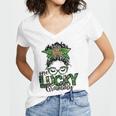 One Lucky Grammy St Patricks Day Messy Bun Leopard Women's Jersey Short Sleeve Deep V-Neck Tshirt