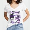 This Queen Makes 50 Look Fabulous 50Th Birthday Messy Bun Women's Jersey Short Sleeve Deep V-Neck Tshirt