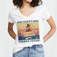 Turkey Happy Thanks Vegan Turkey Vintage Retro Women's Jersey Short Sleeve Deep V-Neck Tshirt