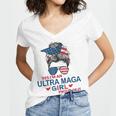 Yes Im An Ultra Maga Girl Proud Of It Usa Flag Messy Bun Women's Jersey Short Sleeve Deep V-Neck Tshirt