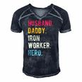 Mens Vintage Husband Daddy Iron Worker Hero Fathers Day Gift Men's Short Sleeve V-neck 3D Print Retro Tshirt Navy Blue