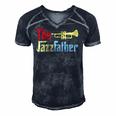 Vintage The Jazzfather Happy Fathers Day Trumpet Player Men's Short Sleeve V-neck 3D Print Retro Tshirt Navy Blue