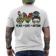 Peace Love Autism Mom Life Messy Bun Blue Autism Awareness Men's Crewneck Short Sleeve Back Print T-shirt