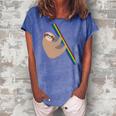 Cute Sloth Design - New Sloth Climbing A Rainbow Women's Loosen Crew Neck Short Sleeve T-Shirt Blue