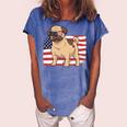 Pug Dad & Mom American Flag 4Th Of July Usa Funny Pug Lover Women's Loosen Crew Neck Short Sleeve T-Shirt Blue
