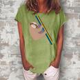 Cute Sloth Design - New Sloth Climbing A Rainbow Women's Loosen Crew Neck Short Sleeve T-Shirt Green