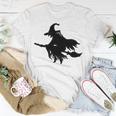 Halloween Scary Old Witch On Broom Art Design Pattern Unisex T-Shirt Funny Gifts