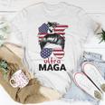 Ultra Maga American Flag Womens Messy Bun Wearing Glasses Unisex T-Shirt Unique Gifts